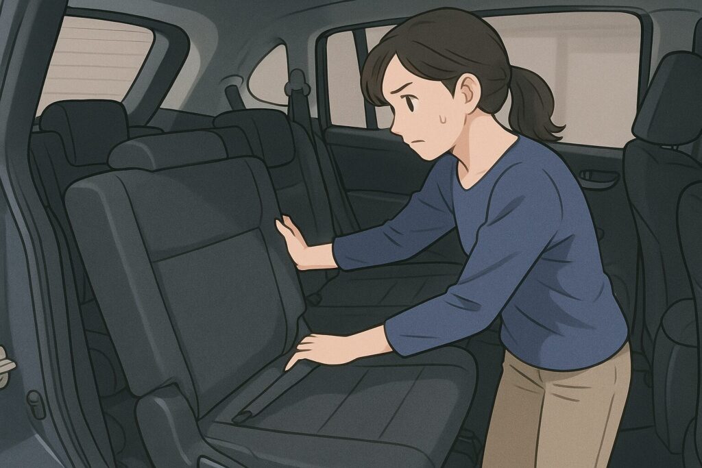 シートアレンジの柔軟さが思ったより足りず、不満な女性。