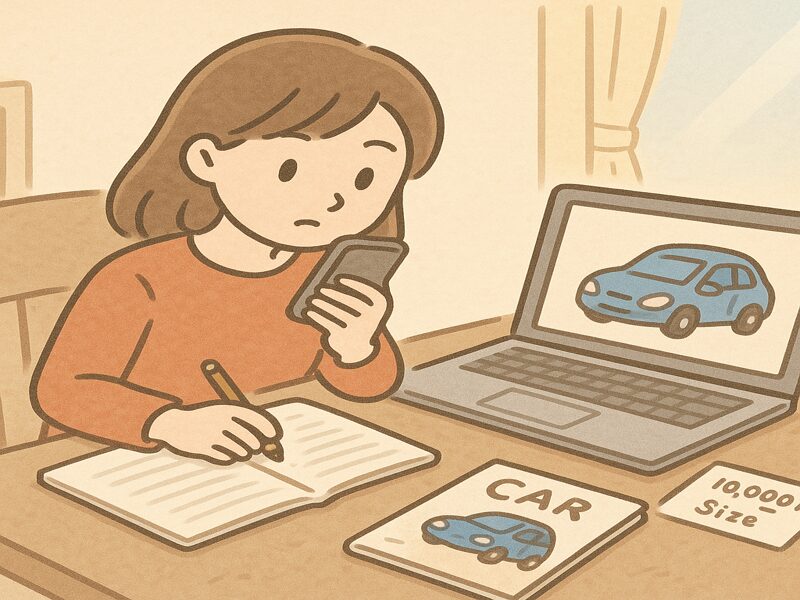 維持費を月額でシミュレーションしている女性。
真剣な表情で、車を持つ夢を現実にするために情報を整理している。
