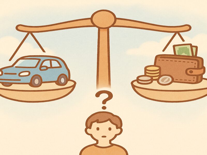 車を持つこととお金がかかることを天秤にかけている男性。
どのようにバランスを取ったら良いか考えている。