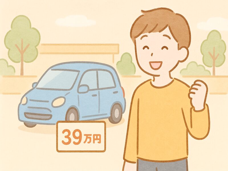 車両本体価格39万円の車を支払総額50万円以内で買えると説明を受けて安心している男性。