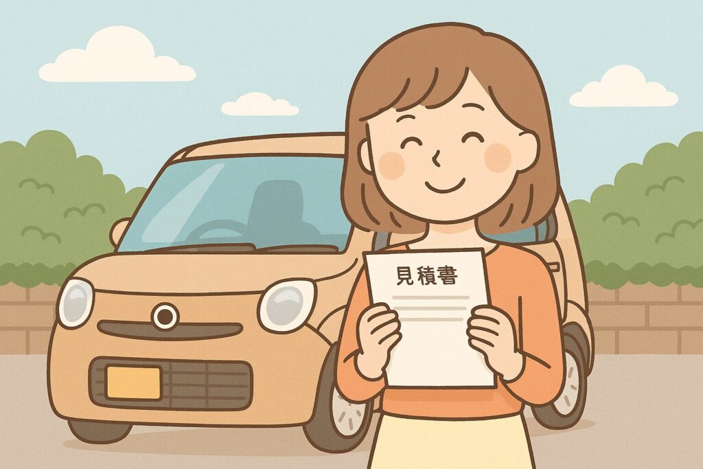 見積書を受け取り、内容を把握して安心している女性。