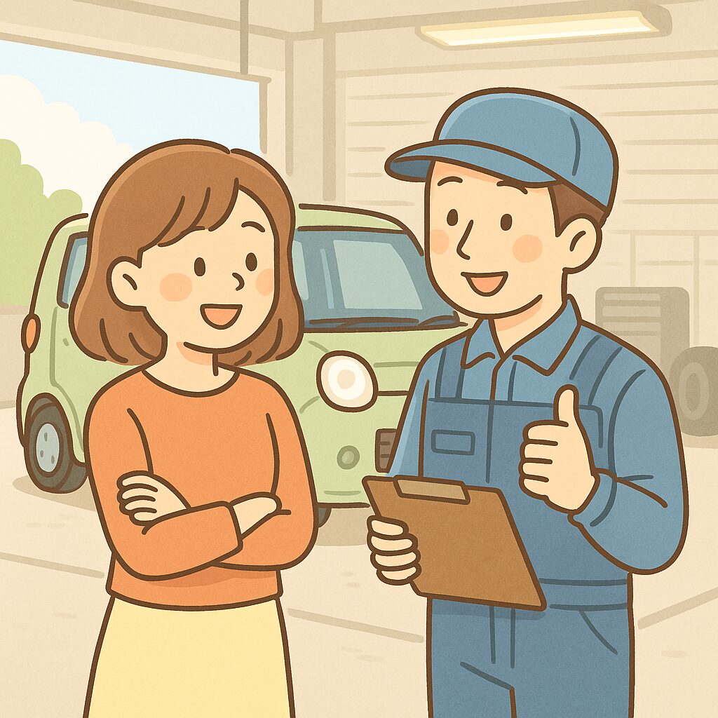 整備士の話を聞いて納得している女性。