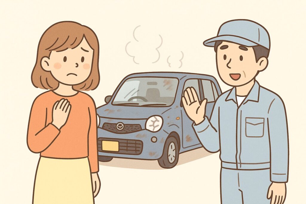 ボロボロになってしまった車を修理してもらおうとしている女性。
