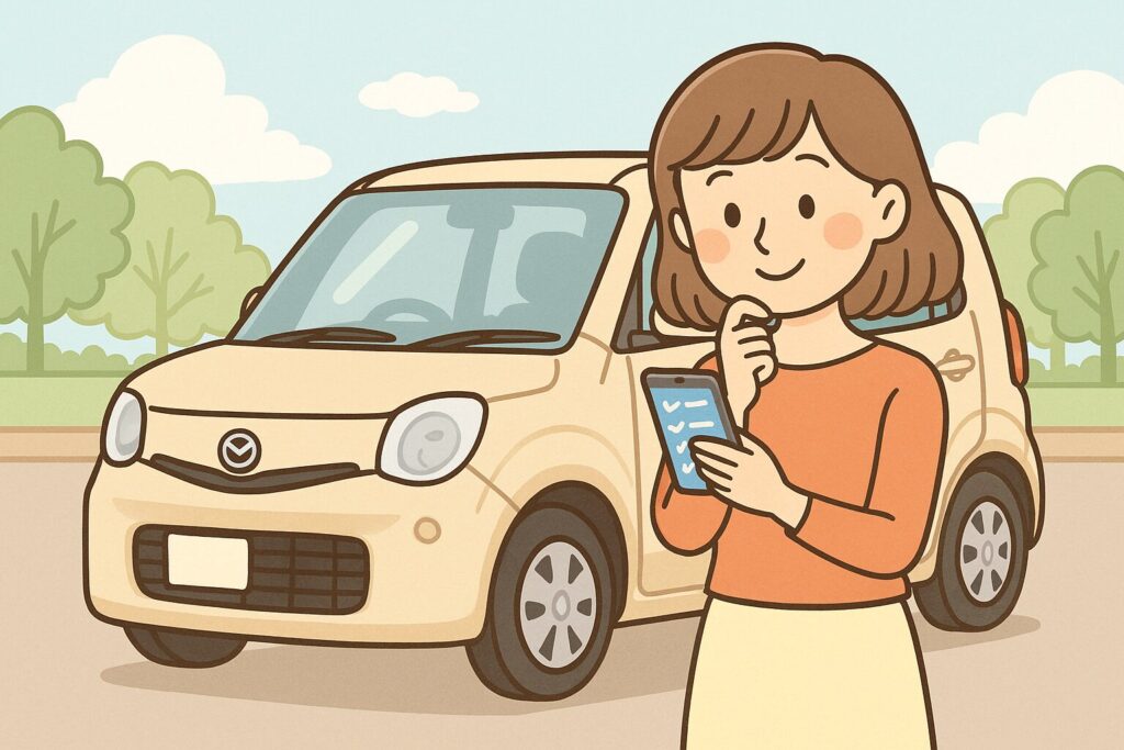 10年落ちの中古車をかしこく選んでいる女性。