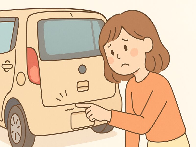 古い車で傷がついている。
女性が不満そうに傷を指さしている。