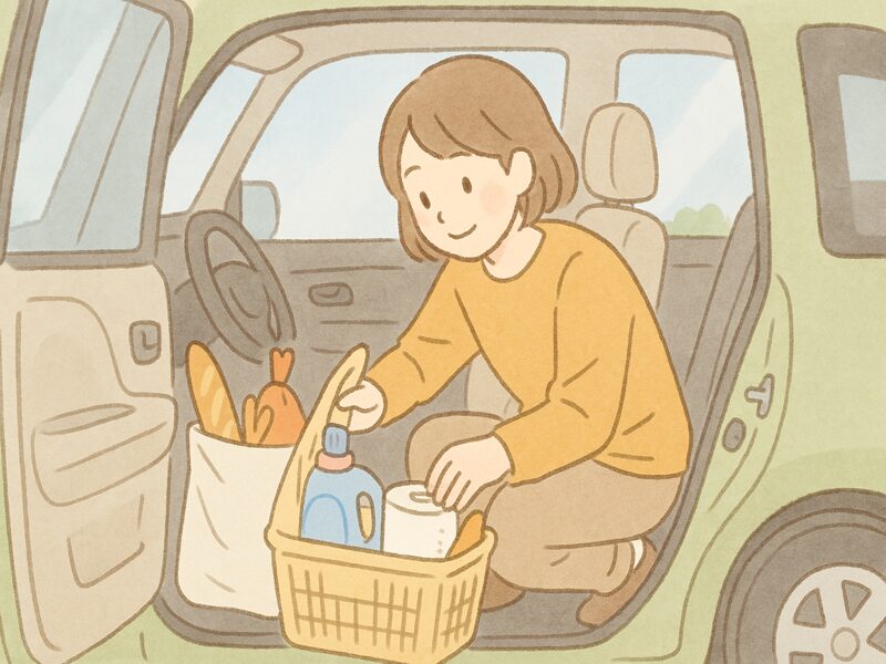 スーパーへ買い物に来た女性。
買い物袋とバスケットを車内に積み込んでいる。
カーライフが生活の一部に溶け込んでいる。