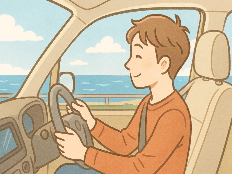 海岸線をドライブする男性。
安心して車を購入。
カーライフを満喫している。