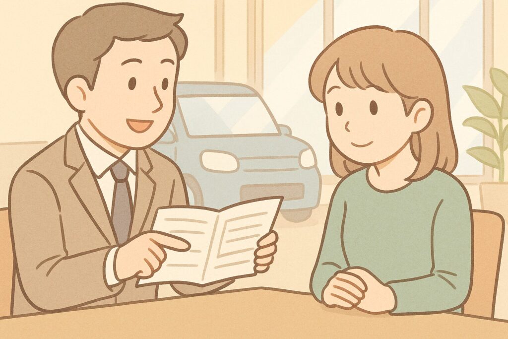 女性が誠実なセールスマンから説明を受けて納得している様子。