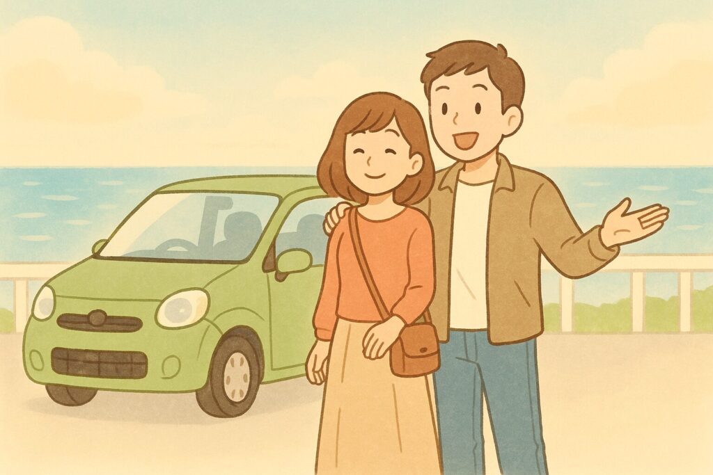 賢く選んで満足する夫婦。
海辺で車と共に楽しいひと時を過ごしている。