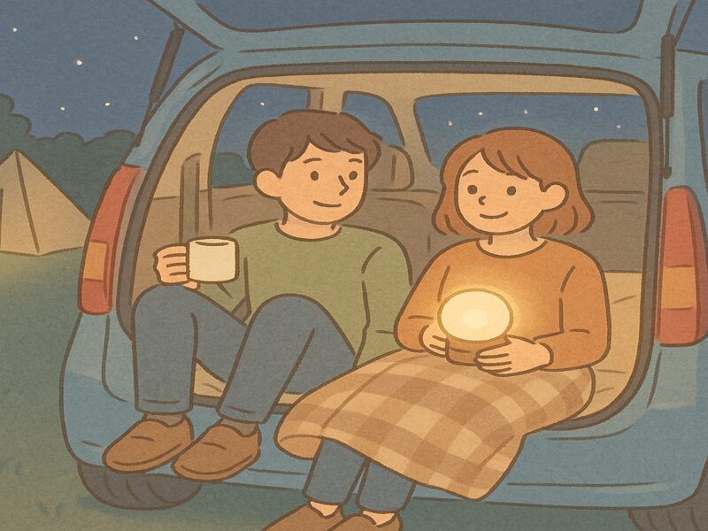 ミニバンでキャンプを楽しむカップル。夜空の下、会話が盛り上がる。