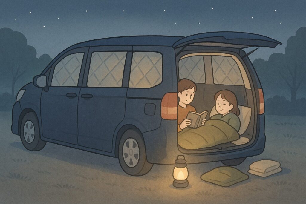 窓を目隠しし、プライベート空間を確保。
夫は読書、妻はうとうと。
車中泊を楽しんでいる様子。
