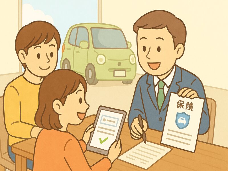 保険手続きを進めている夫婦。契約内容について説明を受けている。