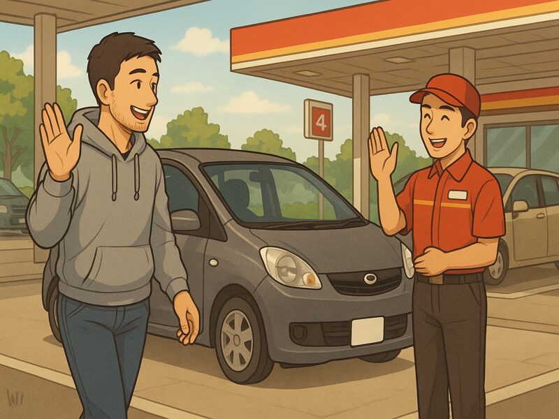 ピカピカのソニカを前に笑顔で立つ男性。背後にはガソリンスタンドのスタッフと建物。